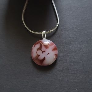 Handmade Fused Glass Red/White Glass Pendant on Sterling Chain